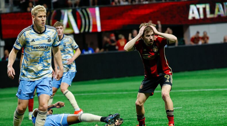 Atlanta United midfielder Saba Lobzhanidze (9) reacts after missing a shot during the second half against the Philadelphia Union on Sunday, April 14, 2024.
 Miguel Martinez / miguel.martinezjimenez@ajc.com