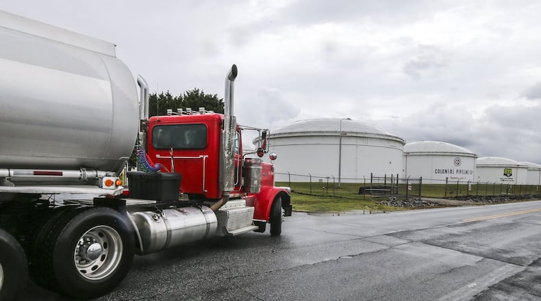 Fuel truck headed for the gates of the Colonial Pipeline Co. in Austell. The Alpharetta-based company is the major supplier of fuel to metro Atlanta and the East Coast. (File photo: JOHN SPINK/JSPINK@AJC.COM)