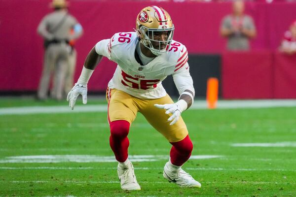 San Francisco 49ers defensive end Leonard Floyd, shown here during a Jan. 5 game against Arizona, has consistently put up numbers.