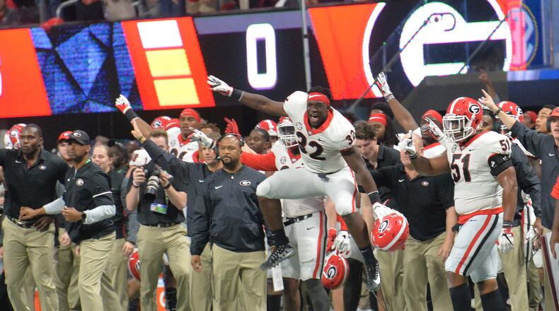 Georgia Bulldogs linebacker Monty Rice (32) reacts on the sidelines during the first half of the SEC Football Championship at Mercedes-Benz Stadium, December 2, 2017, in Atlanta. Hyosub Shin / hshin@ajc.com