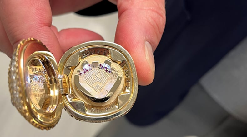 Perhaps the most impressive part of the Braves’ ridiculously cool World Series ring: Two micro-LEDs, one on each side of the outfield, that illuminate a miniature Truist Park that is revealed when you open the top of the ring. (Justin Toscano photo)