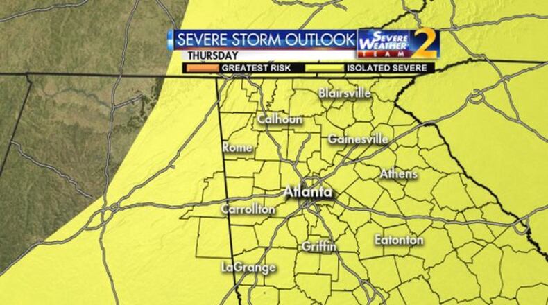 The greater chance for isolated severe storms is Thursday, according to Channel 2 Action News. (Credit: Channel 2 Action News)