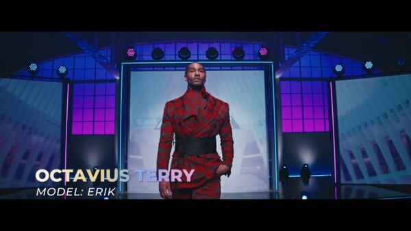 Atlanta designer Octavius Terry's first design look with model Erik Dawson on the Season 22 debut of Disney+ and Freeform's "Project Runway" that began airing July 10, 2026. (Freeform)