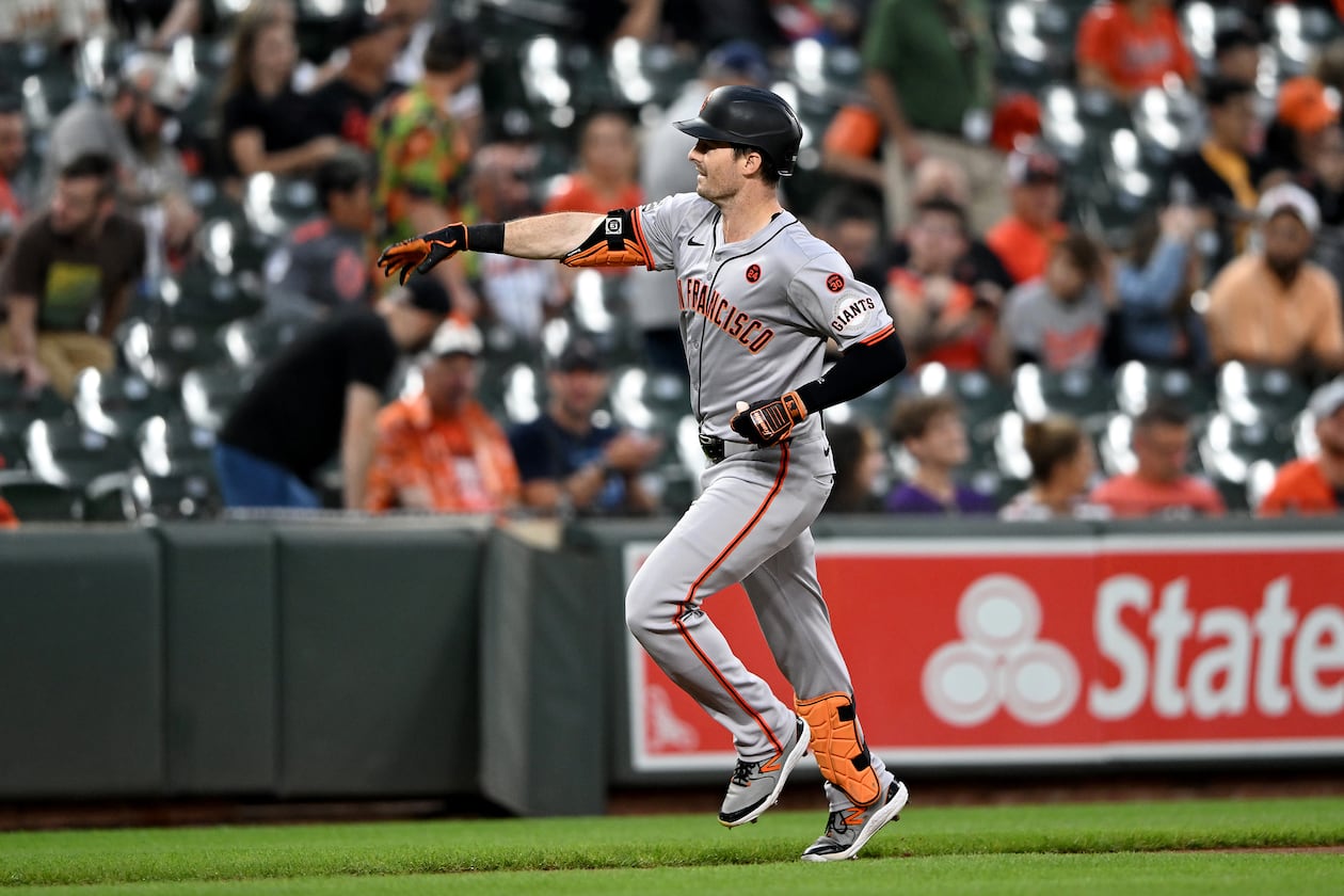 Mike Yastrzemski celebrates after hitting a home run at Oriole Park at Camden Yards on Wednesday, Sept. 18, 2024, in Baltimore. (Greg Fiume/Getty Images/TNS)