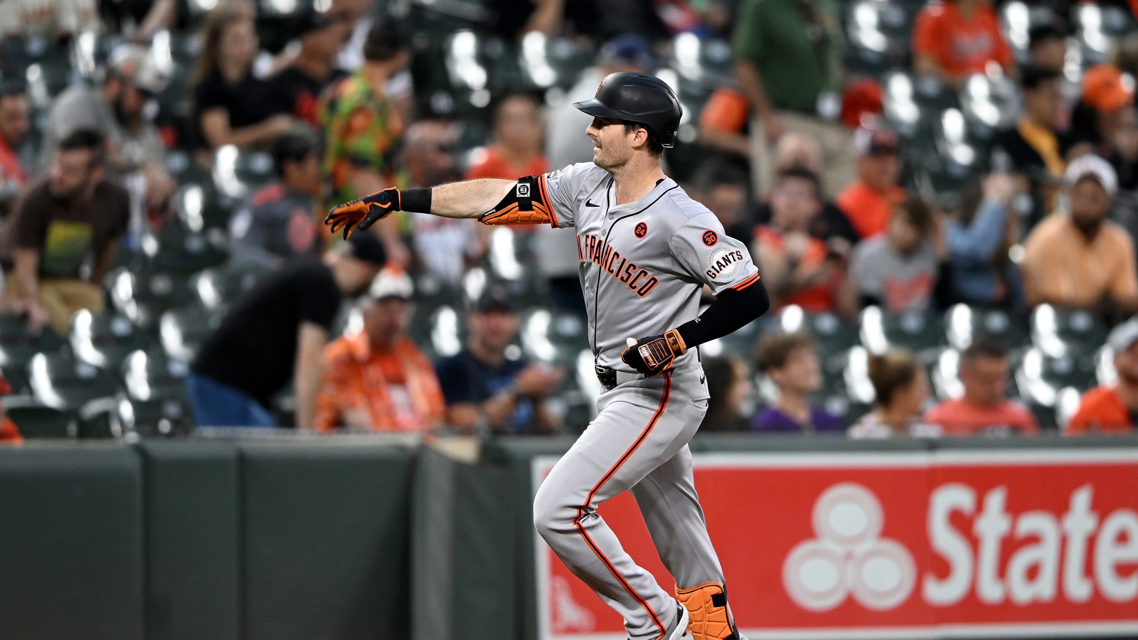 Mike Yastrzemski celebrates after hitting a home run at Oriole Park at Camden Yards on Wednesday, Sept. 18, 2024, in Baltimore. (Greg Fiume/Getty Images/TNS)