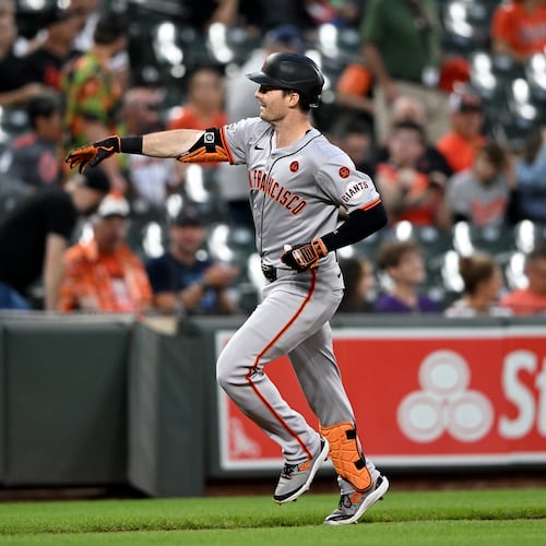 Mike Yastrzemski celebrates after hitting a home run at Oriole Park at Camden Yards on Wednesday, Sept. 18, 2024, in Baltimore. (Greg Fiume/Getty Images/TNS)