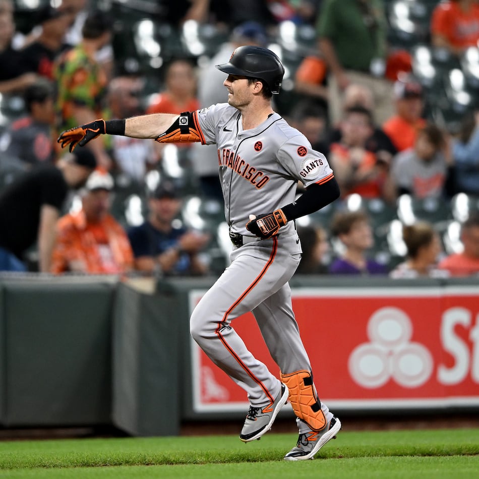 Mike Yastrzemski celebrates after hitting a home run at Oriole Park at Camden Yards on Wednesday, Sept. 18, 2024, in Baltimore. (Greg Fiume/Getty Images/TNS)