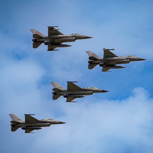 FILE - F16 fighter jets of the Romanian Air Force and the Romania based European F-16 Training Center (EFTC), perform a fly-by at the Black Sea, Defense, Aerospace and Security (BSDA) international exhibition in Bucharest, Romania, Wednesday, May 22, 2024. (AP Photo/Vadim Ghirda, File)