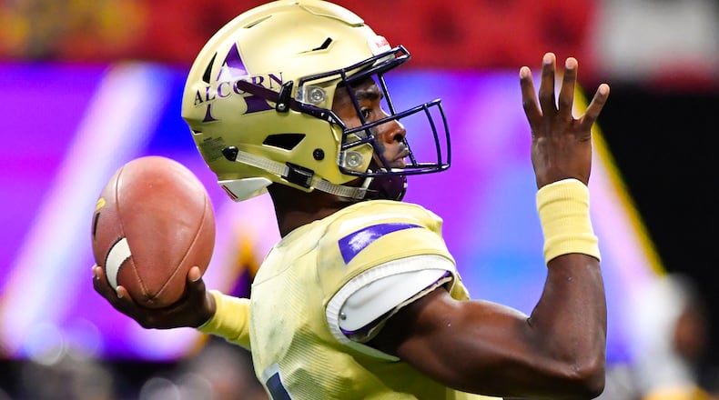 Alcorn State quarterback Felix Harper passes against North Carolina A&T during the first half of the Celebration Bowl Saturday, Dec. 21, 2019, at Mercedes-Benz Stadium in Atlanta.