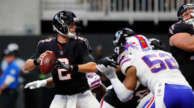 ATLANTA, GA - OCTOBER 01: Matt Ryan #2 of the Atlanta Falcons drops back to pass during the first half against the Buffalo Bills at Mercedes-Benz Stadium on October 1, 2017 in Atlanta, Georgia. (Photo by Kevin C. Cox/Getty Images)