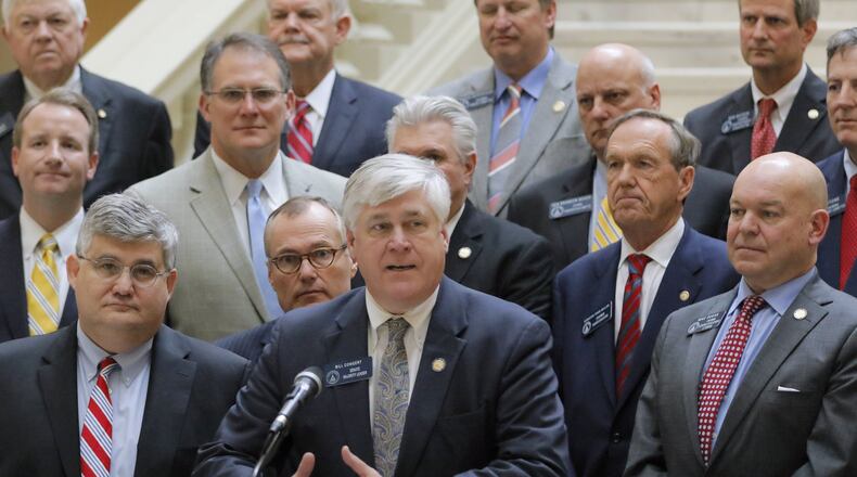 Mar. 6 2017 - Atlanta - During a press conference, Senate Majority Leader Bill Cowsert (at podium), Lt. Gov. Casey Cagle and other GOP Senate leaders said Monday they were pleased with advancing their legislative priorities this year, although the tough part is about to come as that legislation faces review in the state House.The 29th legislative day of the 2017 Georgia General Assembly. BOB ANDRES /BANDRES@AJC.COM