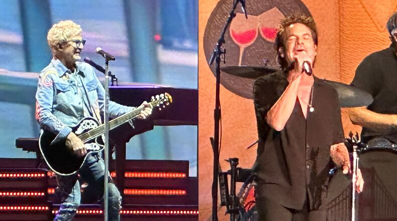 Kevin Cronin of REO Speedwagon and Pat Monahan of Train entertained a sold-out Ameris Bank Amphitheatre crowd on Saturday, August 17, 2024 despite a one-hour rain delay. RODNEY HO/rho@ajc.com