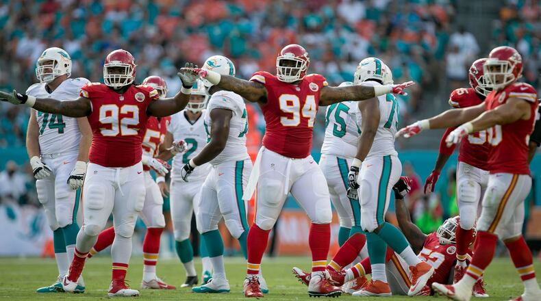 Kansas City Chiefs nose tackle Dontari Poe (92) and Kansas City Chiefs defensive tackle Kevin Vickerson (94) react to Miami Dolphins kicker Caleb Sturgis (9) missing a field goal in the second quarter at Sun Life Stadium in Miami Gardens, Florida on September 21, 2014. (Allen Eyestone / The Palm Beach Post)