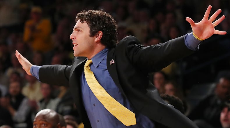 Georgia Tech coach Josh Pastner coaches his team to a 71-57 victory over Belmont in their NIT tournament round two NCAA basketball game on Sunday, March 19, 2017, in Atlanta. Curtis Compton/ccompton@ajc.com