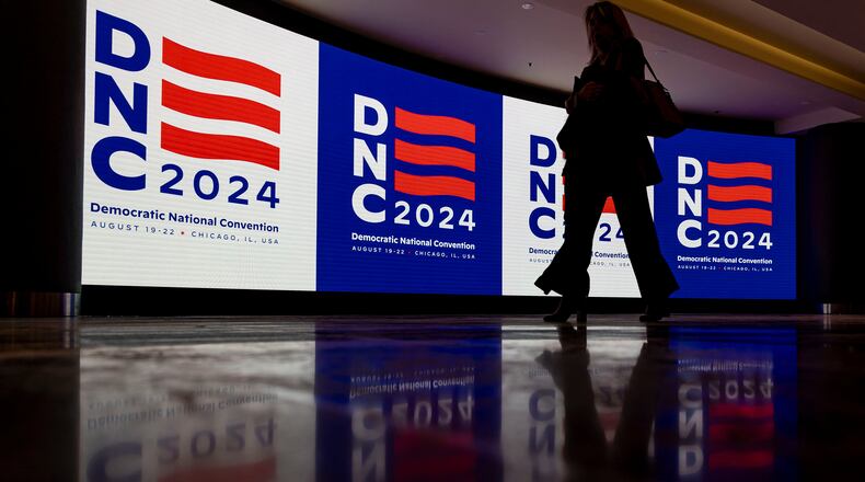 The logo is displayed while the Democratic National Convention holds a media walkthrough at the United Center in Chicago. (Brian Cassella/Chicago Tribune/TNS)