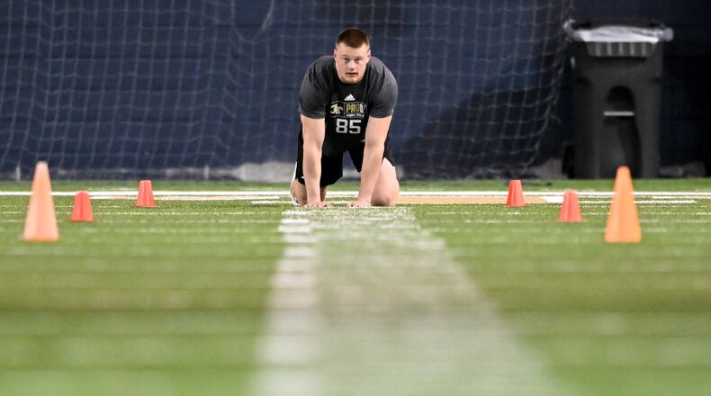 Tech tight end Jackson Hawes prepares to run the 40-yard dash during Georgia Tech's pro day at Rose Bowl Field and the John and Mary Brock Football Practice Facility on Friday, March 14, 2025, in Atlanta. (Hyosub Shin/AJC)