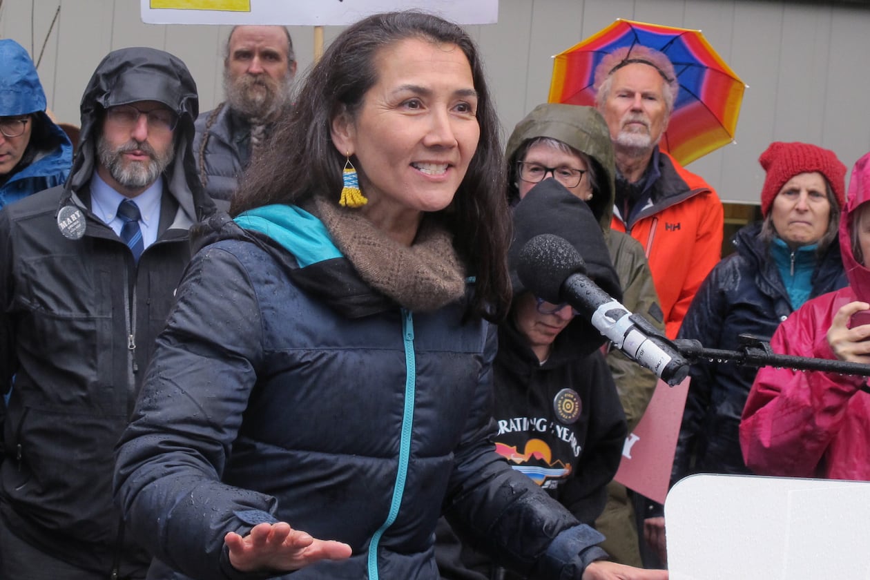 FILE - Alaska U.S. Senate candidate Mary Peltola, a Democrat, speaks during a campaign rally on May 14, 2026, in Juneau, Alaska. (AP Photo/Becky Bohrer, file)