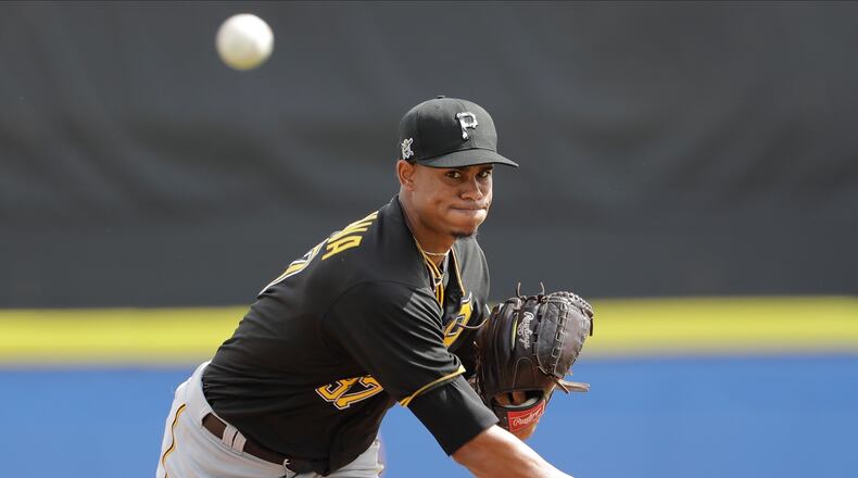 Edgar Santana of the Pittsburgh Pirates warms up during the fourth inning of a spring training baseball game against the Toronto Blue Jays Monday, March 2, 2020, in Dunedin, Fla. (AP Photo/Frank Franklin II)