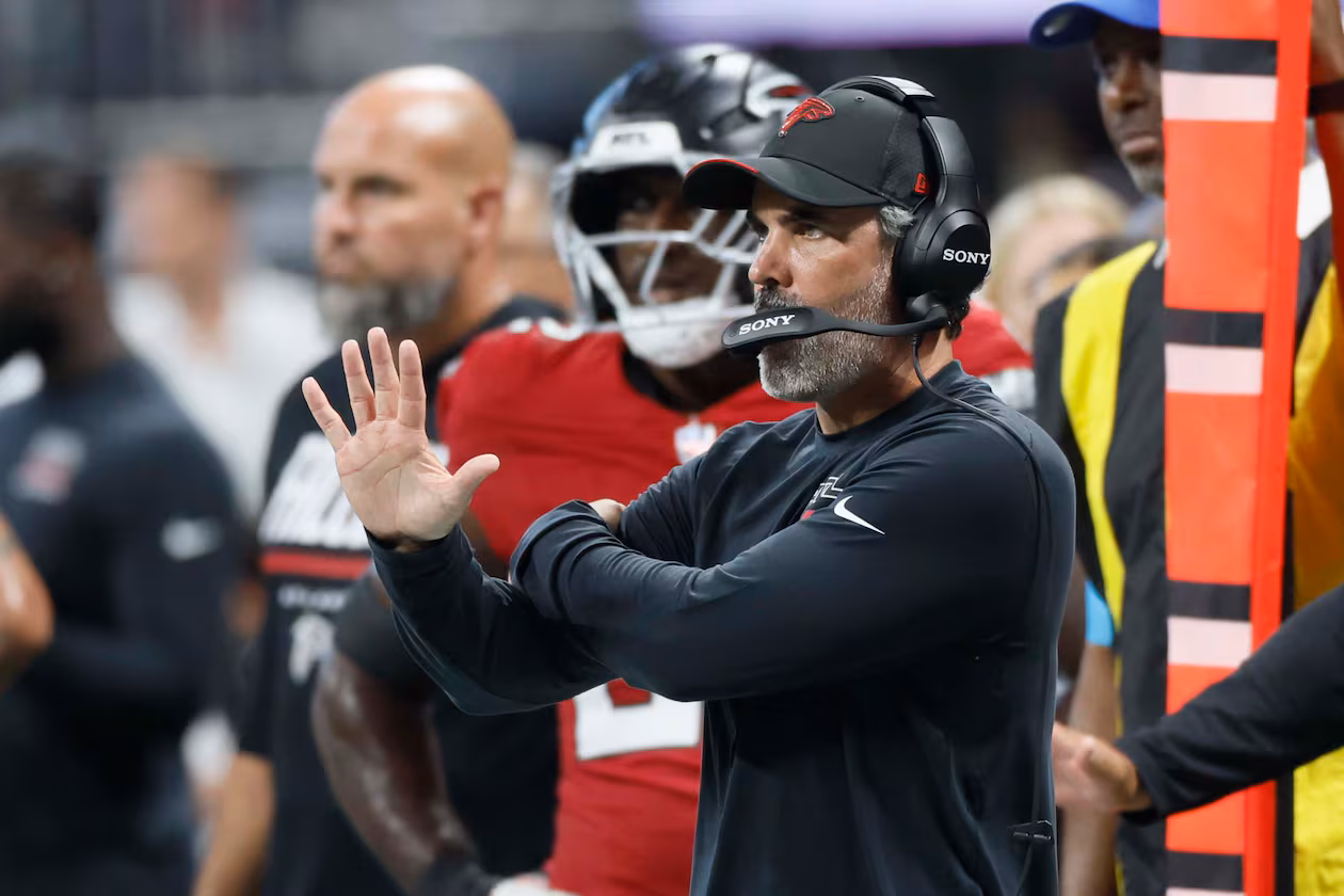 Falcons coach Kevin Stefanski gives directions during the second half against the Panthers on Sunday, Sept. 20, 2026, at Mercedes-Benz Stadium in Atlanta. The Falcons play Thursday against the Packers, and Stefanski went 5-0 on "Thursday Night Football" when he was the Browns' coach. (Miguel Martinez/AJC)