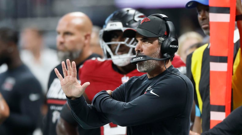 Falcons coach Kevin Stefanski gives directions during the second half against the Panthers on Sunday, Sept. 20, 2026, at Mercedes-Benz Stadium in Atlanta. The Falcons play Thursday against the Packers, and Stefanski went 5-0 on "Thursday Night Football" when he was the Browns' coach. (Miguel Martinez/AJC)