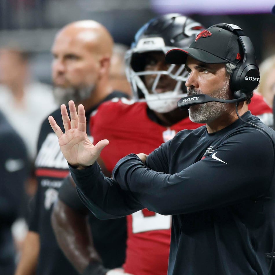 Falcons coach Kevin Stefanski gives directions during the second half against the Panthers on Sunday, Sept. 20, 2026, at Mercedes-Benz Stadium in Atlanta. The Falcons play Thursday against the Packers, and Stefanski went 5-0 on "Thursday Night Football" when he was the Browns' coach. (Miguel Martinez/AJC)