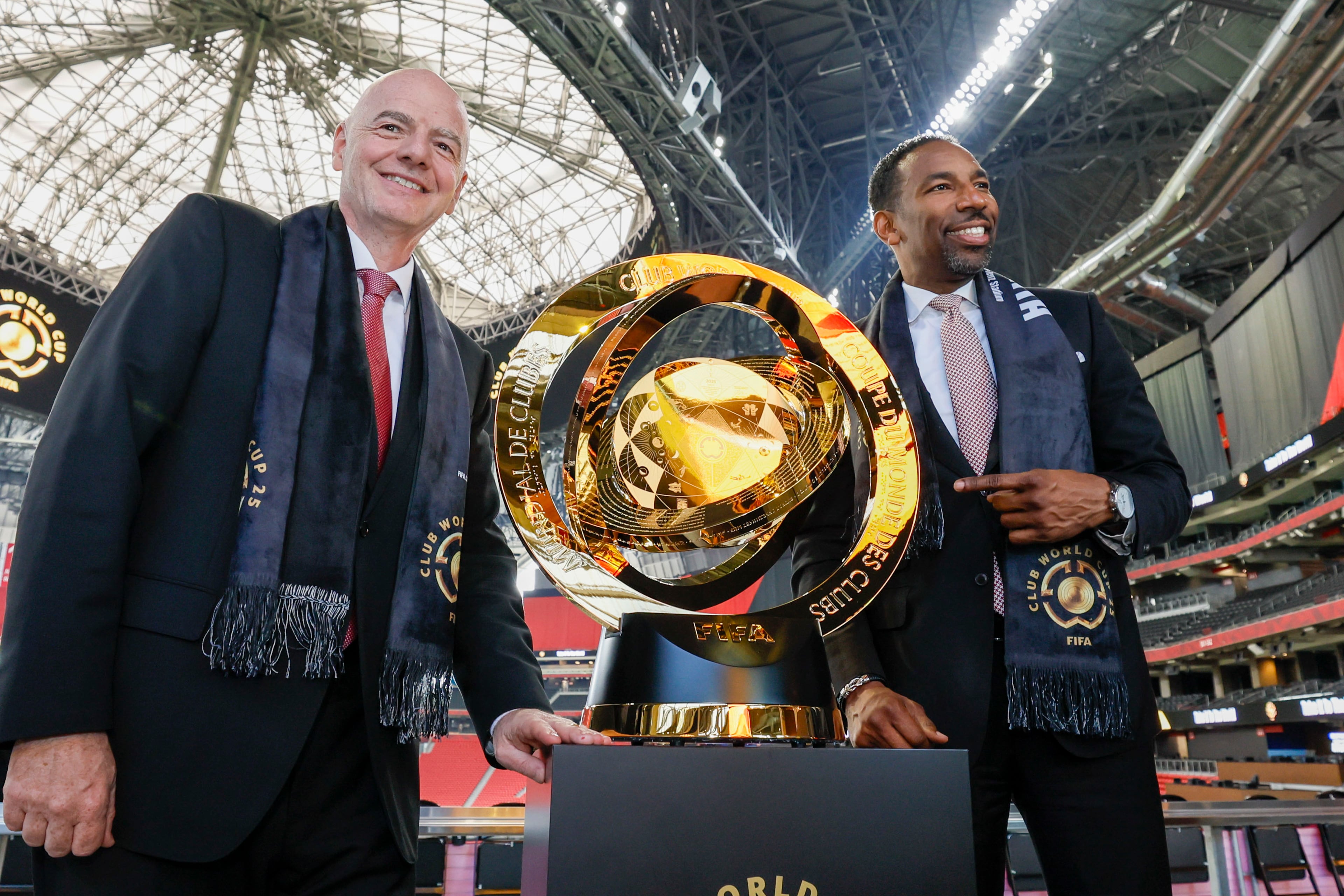 Atlanta’s Mayor Andre Dickens and FIFA President Gianni Infantino pose with the FIFA Club World Cup trophy after a press conference at Mercedes-Benz Stadium on Monday, April 14, 2025, to discuss the upcoming 2025 Club World Cup, which will be hosted in Atlanta this summer.
(Miguel Martinez/ AJC)