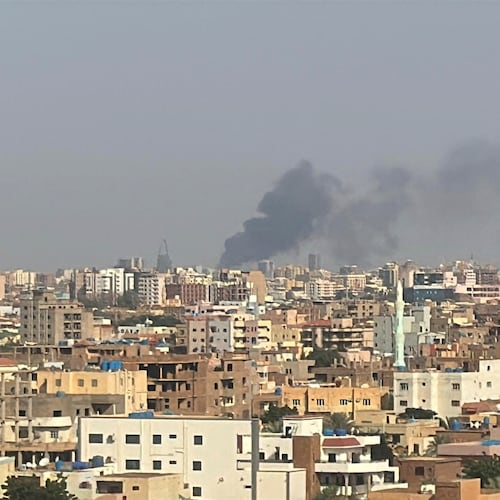 FILE - This grab from video shows smoke rising over Khartoum, Sudan, Sept. 26, 2024, after Sudan's military started an operation to take areas of the capital from its rival, the paramilitary Rapid Support Forces. (AP Photo/Rashed Ahmed, File)