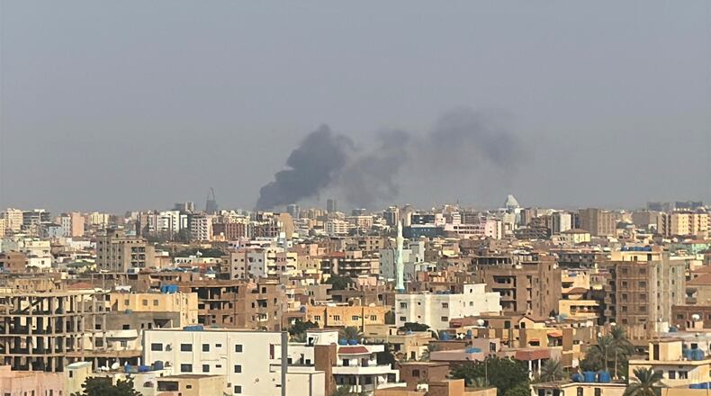 FILE - This grab from video shows smoke rising over Khartoum, Sudan, Sept. 26, 2024, after Sudan's military started an operation to take areas of the capital from its rival, the paramilitary Rapid Support Forces. (AP Photo/Rashed Ahmed, File)