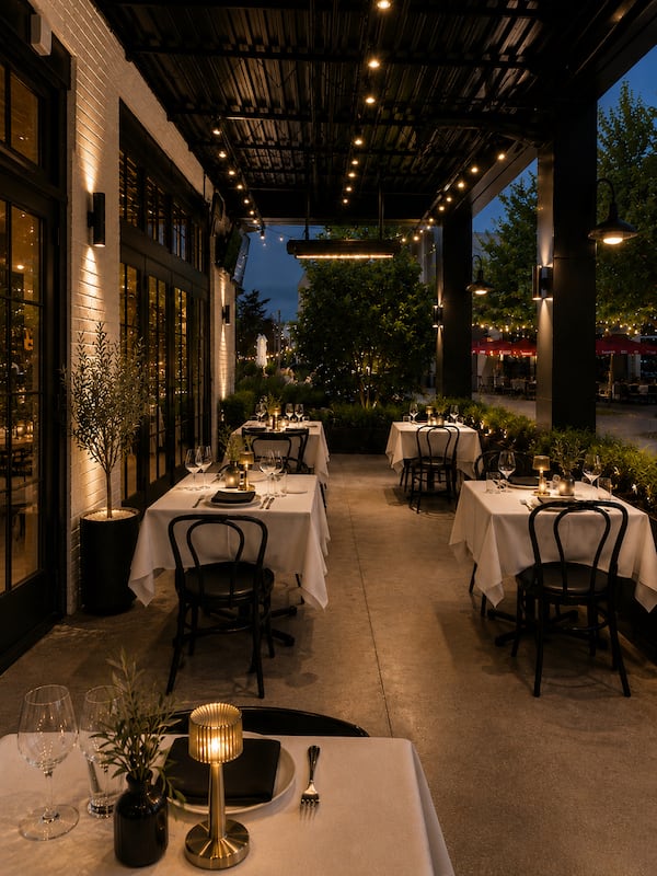 The exterior of a modern Italian restaurant called Osteria Bella at dusk.