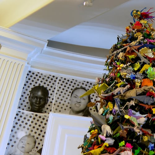 The Origami Holiday Tree stands at the American Museum of Natural History, Thursday, Nov. 13, 2025, in New York. (AP Photo/Joe Frederick)