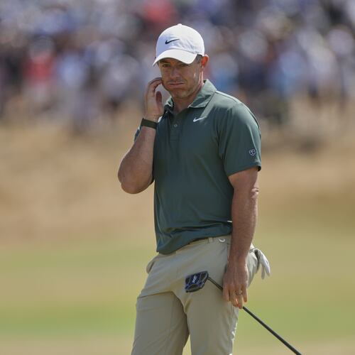 Rory McIlroy of Northern Ireland reacts after putting on the 5th green during the final day of the British Open Golf championships at Royal Birkdale golf club, in Southport, England, Sunday, July 19, 2026. (AP Photo/Peter Morrison)