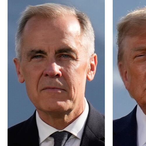 This combination of images shows Canada's Prime Minister Mark Carney and President Donald Trump during a group photo at the G7 Summit, June 16, 2025, in Kananaskis, Canada. (AP Photo/Mark Schiefelbein)