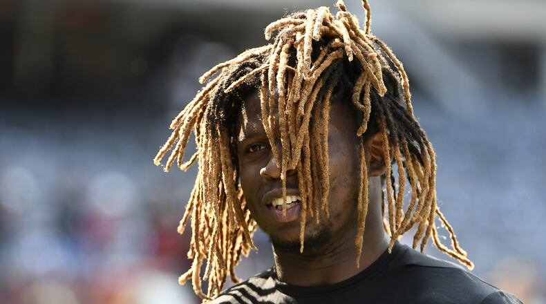 CHICAGO, IL - SEPTEMBER 10: Takkarist McKinley #98 of the Atlanta Falcons warms up prior to the game against the Chicago Bears at Soldier Field on September 10, 2017 in Chicago, Illinois. (Photo by David Banks/Getty Images)