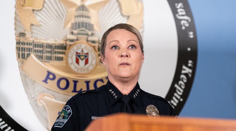 Austin Police Chief Lisa Davis speaks during a news conference on Thursday, March 5, 2026 at APD headquarters regarding the release of audio and video footage from Sunday morning's mass shooting on West Sixth Street in Austin. (Sara Diggins/Austin American-Statesman via AP)