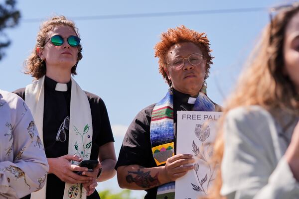 Clergy stand during a news conference of supporters outside the Central Louisiana ICE Processing Center in Jena, La., after an immigration hearing for Mahmoud Khalil, the Columbia University activist facing deportation for his role in pro-Palestinian campus protests, Friday, April 11, 2025. (AP Photo/Gerald Herbert)