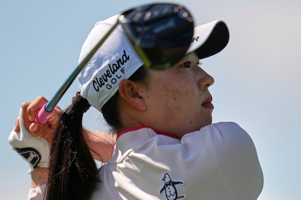 Rio Takeda, of Japan, hits from the third tee during the first round of the U.S. Women's Open golf tournament at Erin Hills Thursday, May 29, 2025, in Erin, Wis. (AP Photo/Jeff Roberson)