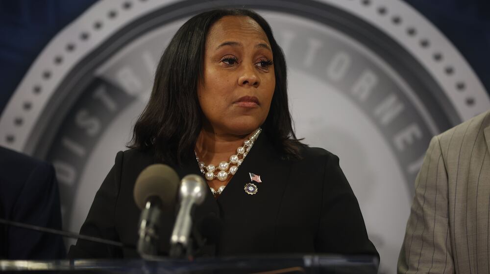 Atlanta District Attorney Fani Willis answers questions for the press after the indictment of former president Donald Trump and 18 others at Fulton County Courthouse on Monday, Aug. 14, 2023, in Atlanta. (Michael Blackshire/The Atlanta Journal-Constitution/TNS)