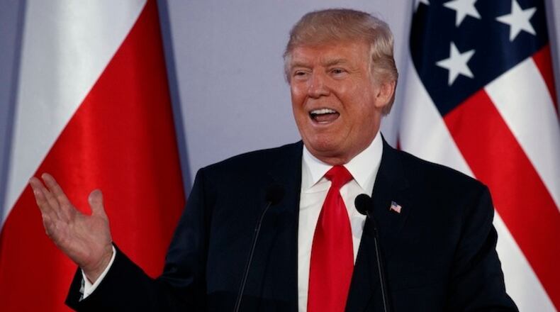 President Donald Trump speaks during a news conference with Polish President Andrzej Duda at Royal Castle, Thursday, July 6, 2017, in Warsaw. (AP Photo/Evan Vucci)