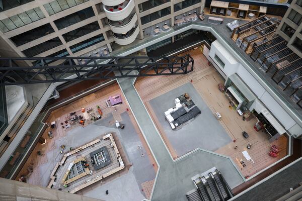 Construction takes place inside The Center, formerly CNN Center, in Atlanta on March 30, 2026. (Arvin Temkar/AJC)