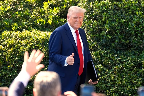 President Donald Trump arrives to welcome the Super Bowl champion Philadelphia Eagles NFL football team to the South Lawn of the White House, Monday, April 28, 2025, in Washington. (AP Photo/Alex Brandon)