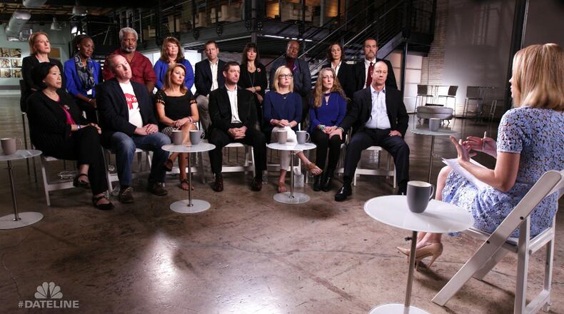 Pam and Robert Champion -- back row, second and third from the left, respectively -- are among the parents of hazing victims who sat with NBC News' Andrea Canning, in the foreground, for a recent interview. (HANDOUT PHOTO)