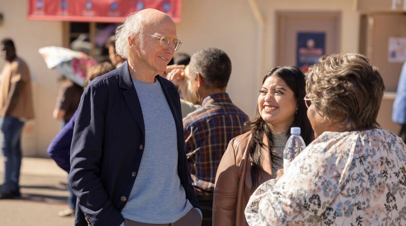 Ellia English, Larry David and Keyla Monterroso Mejia in a scene fictionally shot in Georgia during the 12th season debut of "Curb Your Enthusiasm" on HBO.  
Photograph by John Johnson/HBO