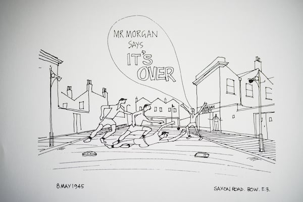 A drawing featuring Saxon Road, created by John Goldsmith, in London, Thursday, April 24, 2025. (AP Photo/Kin Cheung)