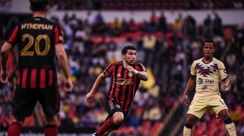 Atlanta United midfielder Eric Remedi #5 dribbles the ball during the first half of the first leg match between Atlanta United FC and Club America in the quarterfinal round of the 2020 Scotiabank Concacaf Champions League at Estadio Azteca in Mexico City, Mexico, on Wednesday March 11, 2020. (Photo by Jacob Gonzalez/Atlanta United)