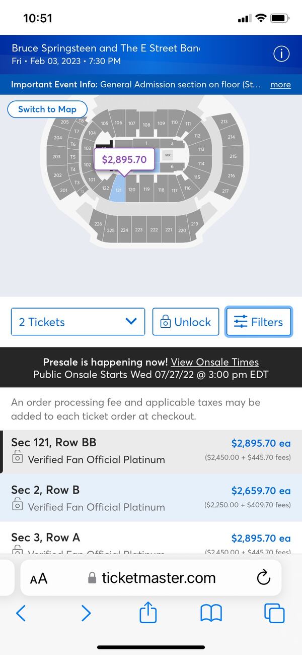 Top priced Springsteen tickets for State Farm Arena 50 minutes after tickets went on sale for "verified buyers" on July 27, 2022. CONTRIBUTED