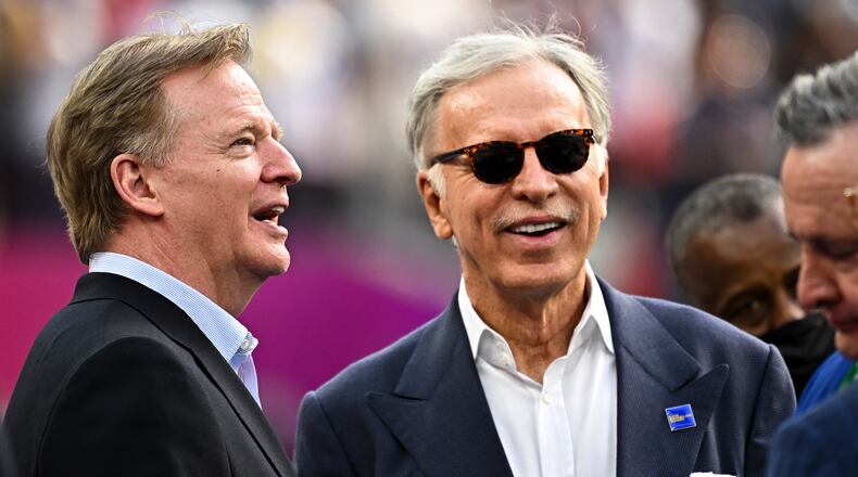 Commissioner Roger Goodell (left) talks with Rams owner Stan Kroenke before Super Bowl LVI. The NFL is conducting a program that is designed to help improve the league’s minority hiring record. (Wally Skalij/Los Angeles Times/TNS)