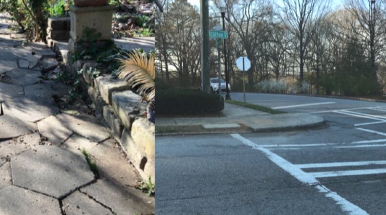 Photo exhibits from the lawsuit. On left, broken pavement on a Dixie Avenue sidewalk. On right, a missing ramp on the curb at Clifton Road and Ponce de Leon Avenue.