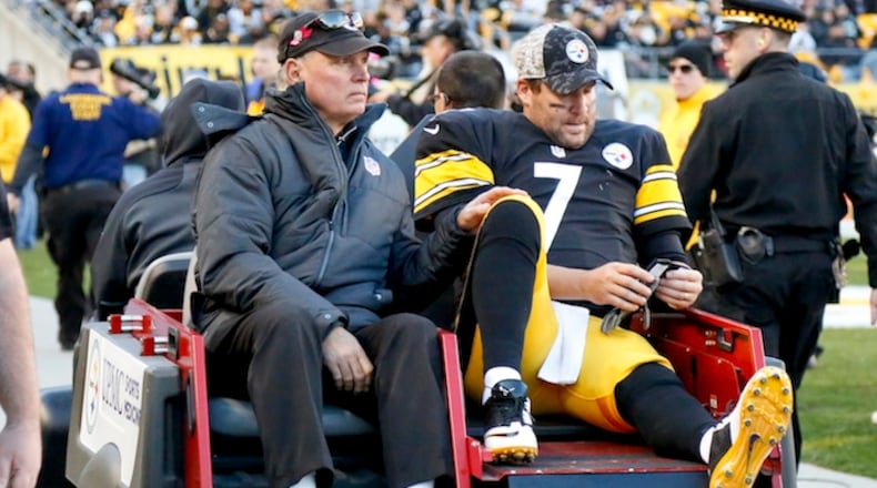 Pittsburgh Steelers quarterback Ben Roethlisberger (7) is taken away on a cart after being injured in an NFL football game against the Oakland Raiders, Sunday, Nov. 8, 2015, in Pittsburgh. (AP Photo/Gene Puskar)