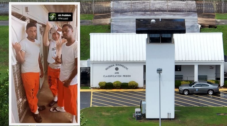 Shane Tassi (center of inset image) inside Georgia Diagnostic and Classification State Prison holding a homemade shank and making a gesture suggesting his gang affiliation. Ocmulgee Judicial Circuit District Attorney's Office / AJC file