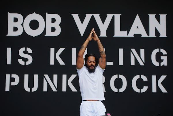 Bob Vylan performs on the West Holts Stage, during the Glastonbury Festival at Worthy Farm in Somerset. England, Saturday, June 28, 2025. (Yui Mok/PA via AP)